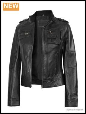 Genuine Lambskin Leather Cafe Racer Jacket Women Moto Biker